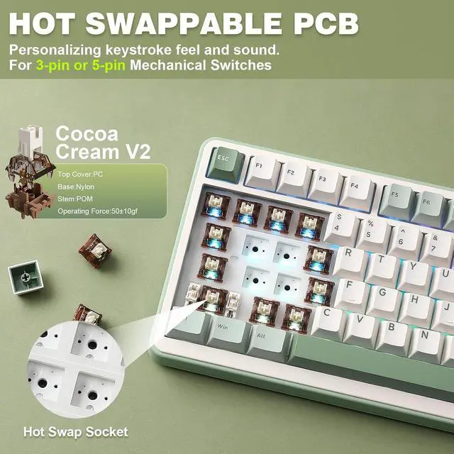Alt view image 5 of 7 - B75 PRO 75% Wireless Mechanical Keyboard(Matcha Green,Cocoa V2)