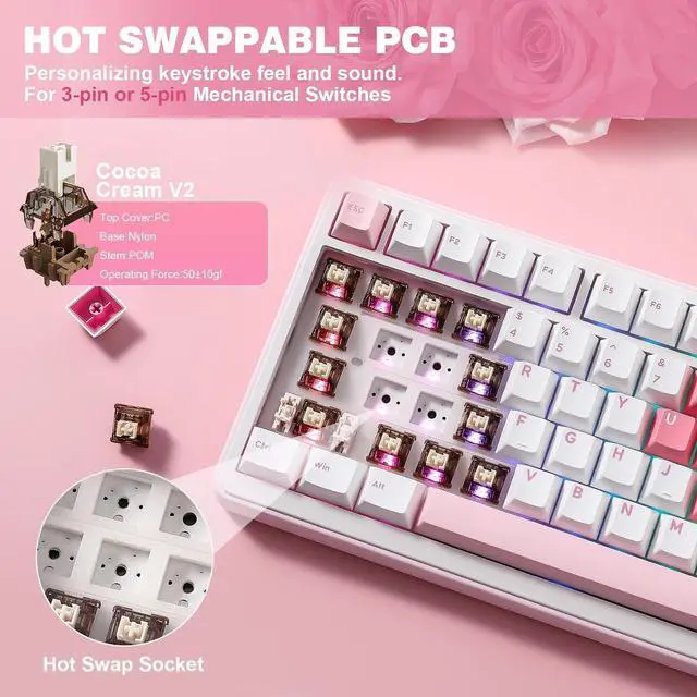 Alt view image 5 of 7 - YUNZII B75 PRO 75% Wireless Mechanical Keyboard (White Heart,Cocoa V2)