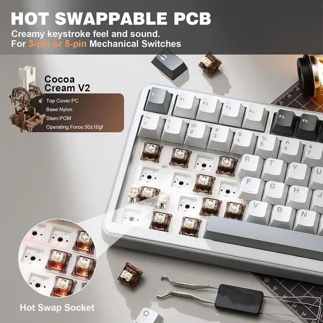 Alt view image 5 of 7 - B75 PRO 75% Wireless Mechanical Keyboard (Grey, Cocoa Cream V2)