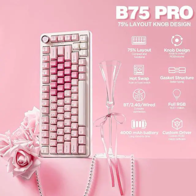 Alt view image 3 of 7 - B75 PRO Wireless Mechanical Keyboard (Pink, Cocoa Cream V2 Switch) M2 Dual 8K Wireless Gaming Mouse (White)