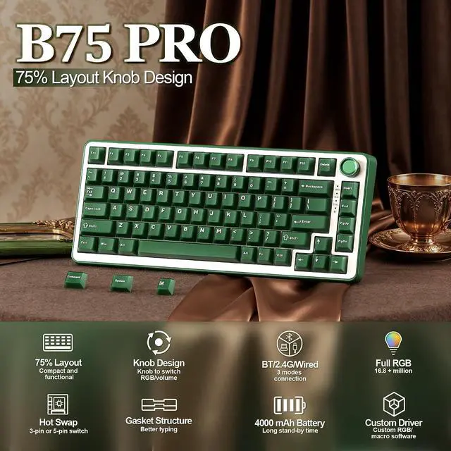 Alt view image 2 of 7 - B75 PRO 75% Wireless Mechanical Keyboard (Olive Green,Milk Switch)