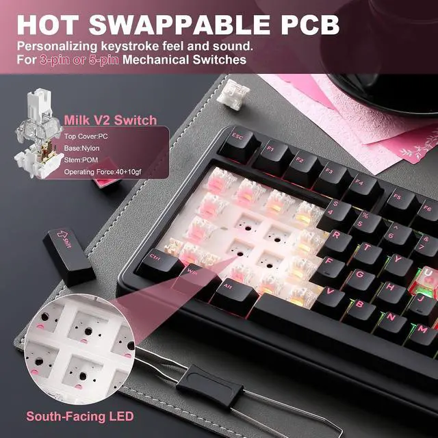 Alt view image 5 of 7 - B75 PRO 75% Wireless Mechanical Keyboard (Black Heart, MilkV2)