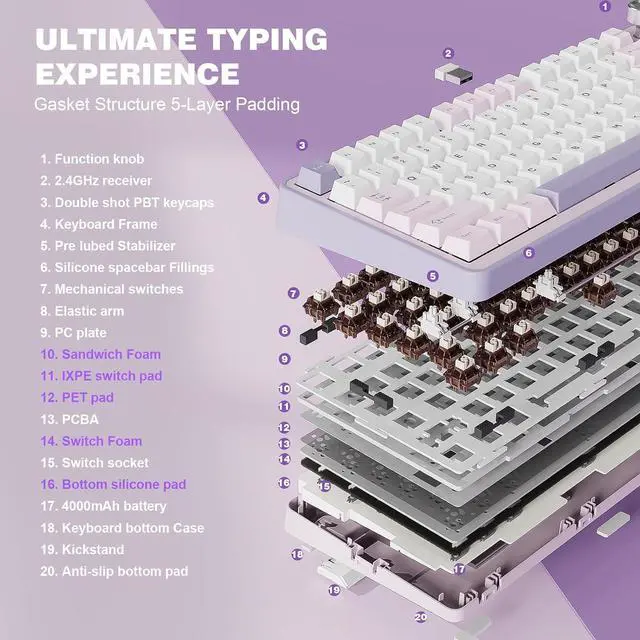 Alt view image 5 of 7 - B75 PRO Wireless Mechanical Keyboard (Purple, Cocoa Cream V2 Switch) M2 Dual 8K Wireless Gaming Mouse (White)