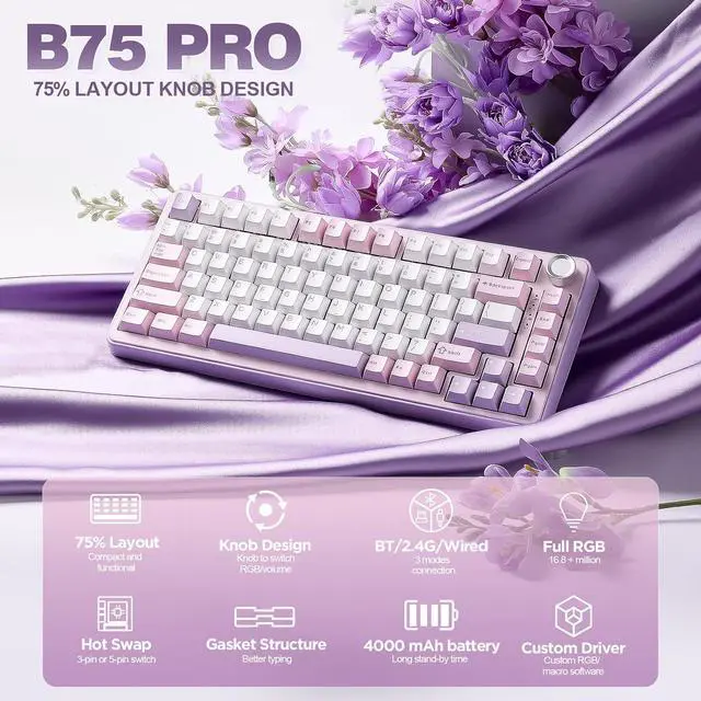 Alt view image 3 of 7 - B75 PRO Wireless Mechanical Keyboard (Purple, Cocoa Cream V2 Switch) M2 Dual 8K Wireless Gaming Mouse (White)