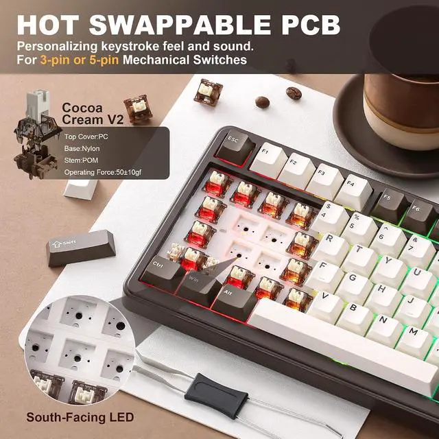 Alt view image 5 of 7 - YUNZII B75 PRO 75% Wireless Mechanical Keyboard (Coffee Brown, Cocoa V2)