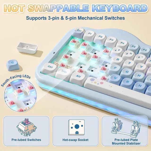 Alt view image 5 of 7 - YUNZII C75 Cute 75% Wireless Mechanical Keyboard (Blue, Candy Switch)