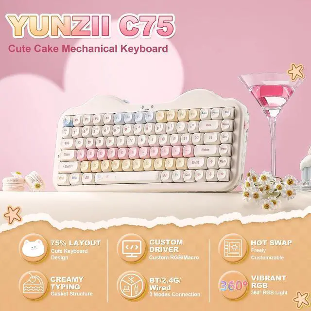 Alt view image 2 of 7 - YUNZII C75 Cute 75% Wireless Mechanical Keyboard (Beige, Milk Switch)