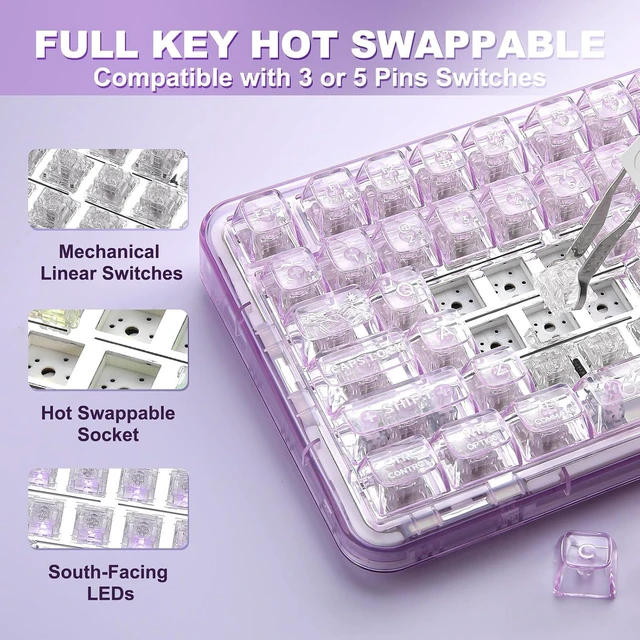 Alt view image 5 of 7 - X98 Wireless Mechanical Keyboard with Knob (Purple, Crystal Switch)