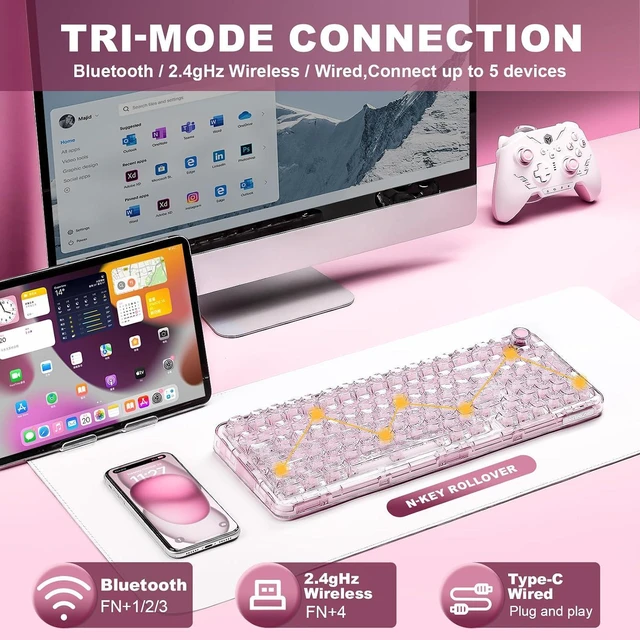 Alt view image 3 of 7 - X98 Wireless Mechanical Keyboard with Knob (Pink, Crystal Switch)