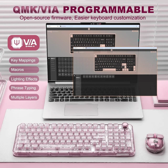 Alt view image 6 of 7 - X98 Wireless Mechanical Keyboard with Knob (Pink, Crystal Switch)