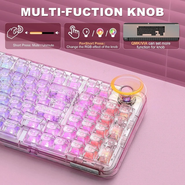 Alt view image 7 of 7 - X98 Wireless Mechanical Keyboard with Knob (Pink, Crystal Switch)