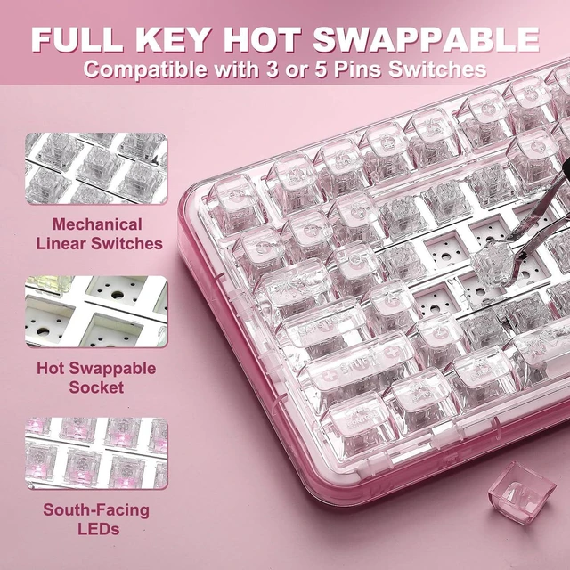 Alt view image 5 of 7 - X98 Wireless Mechanical Keyboard with Knob (Pink, Crystal Switch)