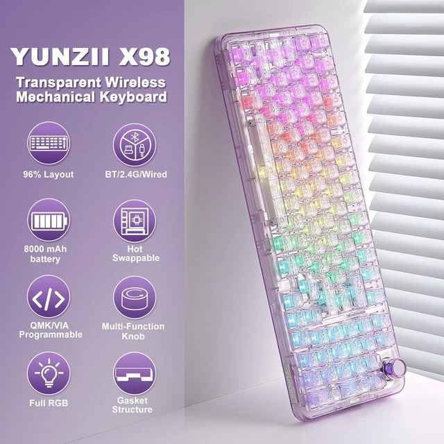 Alt view image 2 of 7 - YUNZII X98 Wireless Mechanical Keyboard with Knob (Purple, Snow Switch)