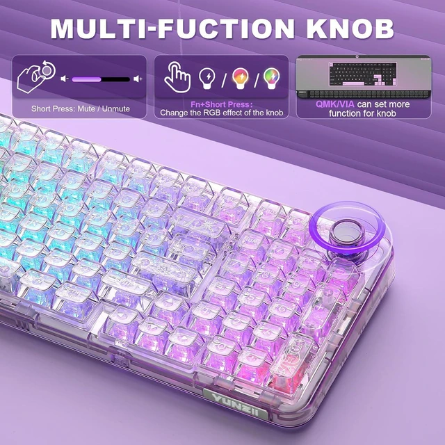 Alt view image 7 of 7 - YUNZII X98 Wireless Mechanical Keyboard with Knob (Purple, Snow Switch)