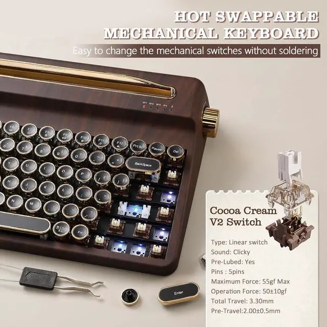 Alt view image 6 of 7 - YUNZII QL75 Retro Typewriter Hot Swap RGB Keyboard(Wood, Cocoa V2)