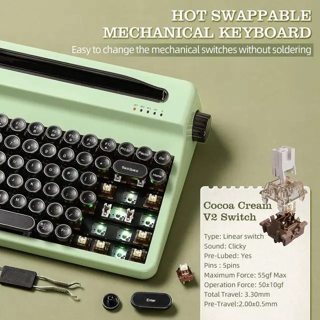 Alt view image 4 of 7 - YUNZII QL75 Retro Typewriter Hot Swap RGB Keyboard (Green, Cocoa V2)