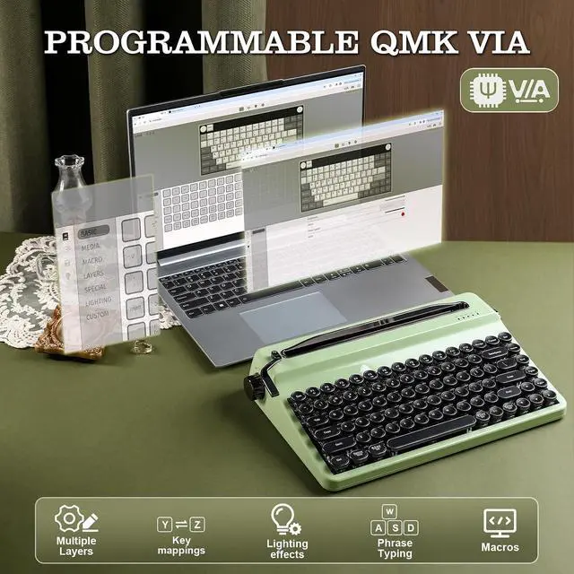 Alt view image 7 of 7 - QL75 Retro Typewriter Hot Swap RGB Keyboard (Green, Onyx Switch)