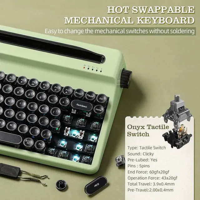 Alt view image 6 of 7 - QL75 Retro Typewriter Hot Swap RGB Keyboard (Green, Onyx Switch)