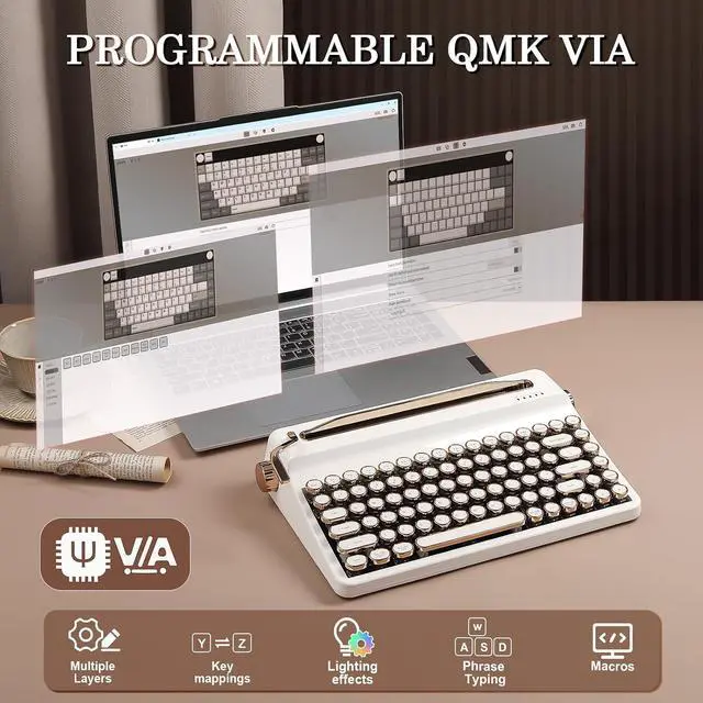 Alt view image 7 of 7 - YUNZII QL75 Retro Typewriter Hot Swap RGB Keyboard (White, Onyx Switch)