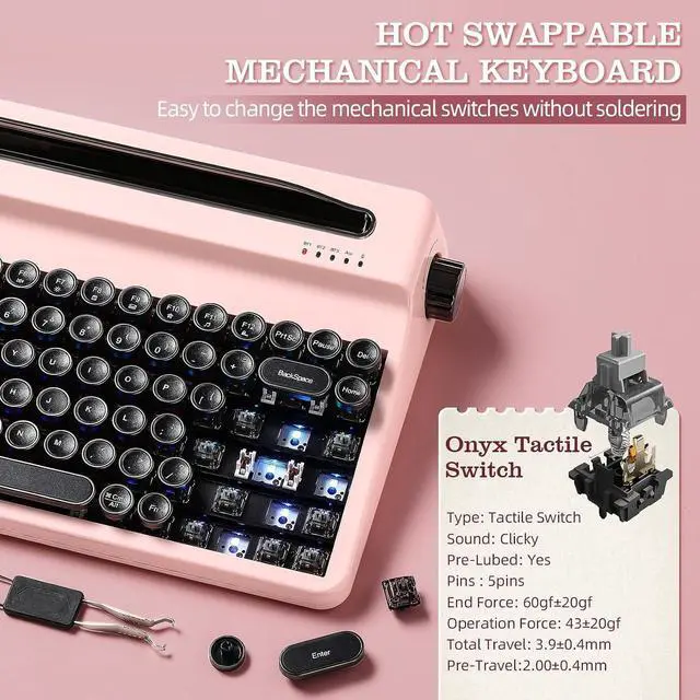 Alt view image 6 of 7 - YUNZII QL75 Retro Typewriter Hot Swap RGB Keyboard(Pink, Onyx Switch)