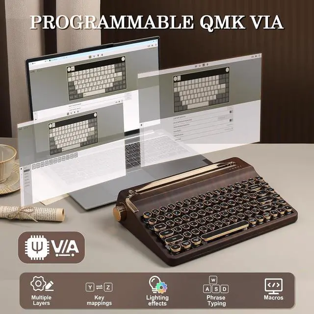 Alt view image 7 of 7 - YUNZII QL75 Retro Typewriter Hot Swap RGB Keyboard(Wood, Cocoa V2)