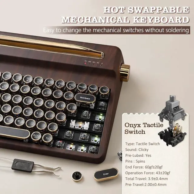 Alt view image 6 of 7 - QL75 Retro Typewriter Hot Swap RGB Keyboard (Wood, Onyx Switch)