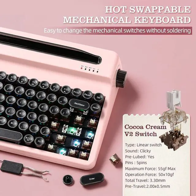 Alt view image 4 of 7 - YUNZII QL75 Retro Typewriter Hot Swap RGB Keyboard(Pink, Cocoa V2)