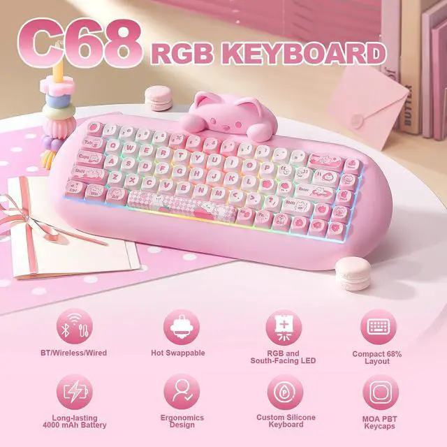 Alt view image 2 of 7 - YUNZII C68 Silicone Cute Cat Mechanical Keyboard (Pink, Milk Switch)
