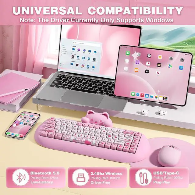 Alt view image 3 of 7 - YUNZII C68 Silicone Cute Cat Mechanical Keyboard (Pink, Milk Switch)