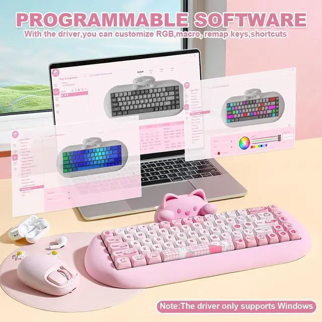 Alt view image 7 of 7 - YUNZII C68 Silicone Cute Cat Mechanical Keyboard (Pink, Milk Switch)