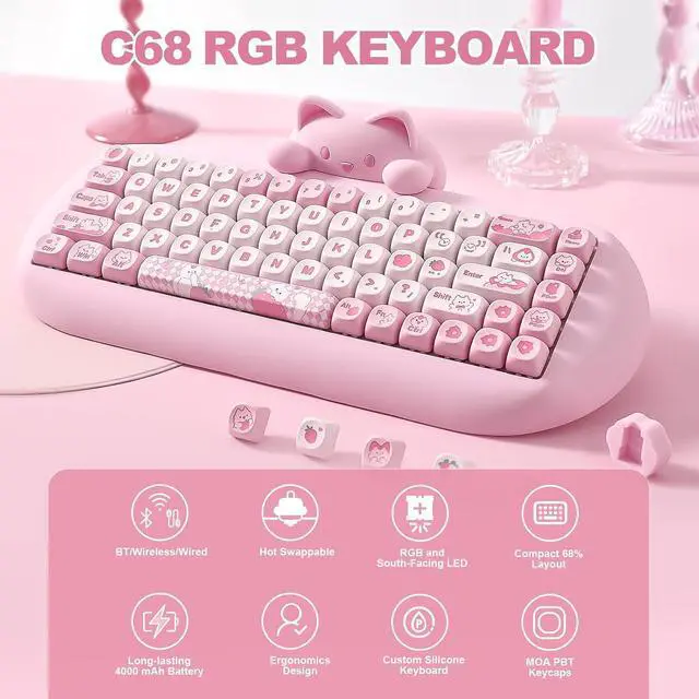 Alt view image 2 of 7 - YUNZII C68 Silicone Cute Cat Mechanical Keyboard (Pink, Cocoa Cream Switch)