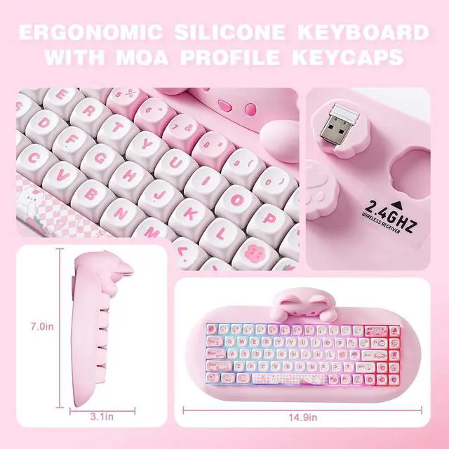 Alt view image 7 of 7 - YUNZII C68 Silicone Cute Cat Mechanical Keyboard (Pink, Cocoa Cream Switch)
