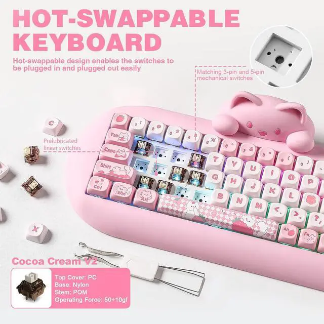 Alt view image 6 of 7 - YUNZII C68 Silicone Cute Cat Mechanical Keyboard (Pink, Cocoa Cream Switch)