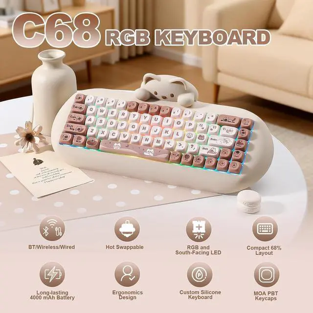 Alt view image 2 of 7 - YUNZII C68 Wireless Mechanical Keyboard,65% Layout,Hot Swap,Triple Mode BT5.0/2.4G/Wired, RGB Backlit NKRO,Cute Cat Silicone Ergonomic Design for Win/Mac (Brown, Milk Switch)