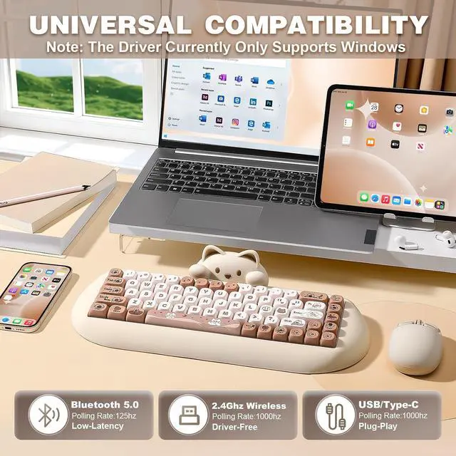 Alt view image 3 of 7 - YUNZII C68 Wireless Mechanical Keyboard,65% Layout,Hot Swap,Triple Mode BT5.0/2.4G/Wired, RGB Backlit NKRO,Cute Cat Silicone Ergonomic Design for Win/Mac (Brown, Milk Switch)