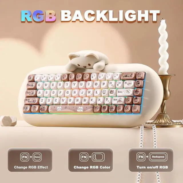 Alt view image 4 of 7 - YUNZII C68 Wireless Mechanical Keyboard,65% Layout,Hot Swap,Triple Mode BT5.0/2.4G/Wired, RGB Backlit NKRO,Cute Cat Silicone Ergonomic Design for Win/Mac (Brown, Milk Switch)