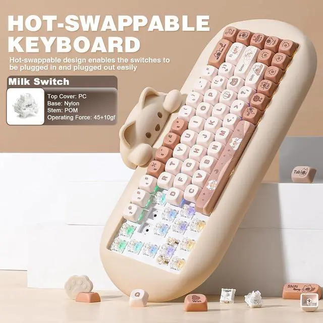 Alt view image 6 of 7 - YUNZII C68 Wireless Mechanical Keyboard,65% Layout,Hot Swap,Triple Mode BT5.0/2.4G/Wired, RGB Backlit NKRO,Cute Cat Silicone Ergonomic Design for Win/Mac (Brown, Milk Switch)