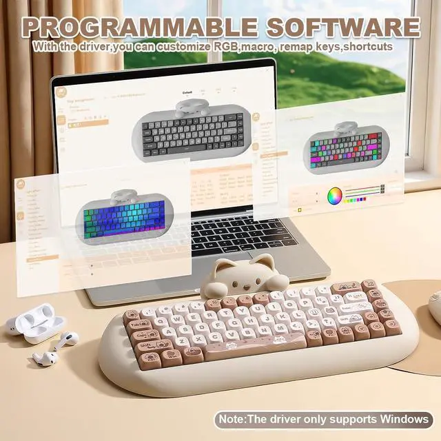 Alt view image 7 of 7 - YUNZII C68 Wireless Mechanical Keyboard,65% Layout,Hot Swap,Triple Mode BT5.0/2.4G/Wired, RGB Backlit NKRO,Cute Cat Silicone Ergonomic Design for Win/Mac (Brown, Milk Switch)