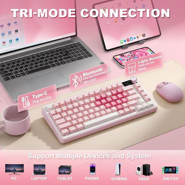 Alt view image 3 of 7 - YUNZII B75 PRO MAX 75% Mechanical Keyboard (Pink Heart, Milk Switch)