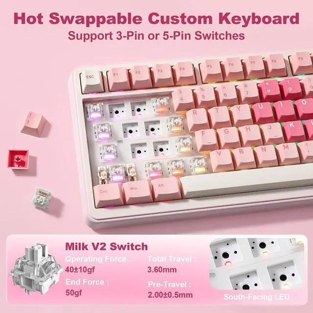 Alt view image 5 of 7 - YUNZII B75 PRO MAX 75% Mechanical Keyboard (Pink Heart, Milk Switch)