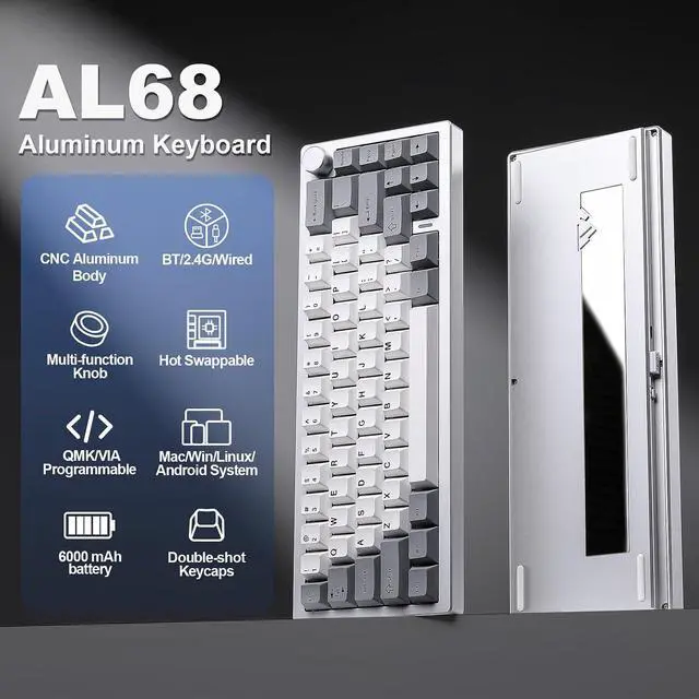 Alt view image 2 of 7 - YUNZII AL68 Aluminum Wireless Mechanical Keyboard(Silver,Cocoa Cream V2)