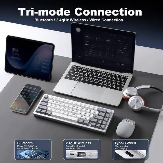 Alt view image 3 of 7 - YUNZII AL68 Aluminum Wireless Mechanical Keyboard(Silver,Cocoa Cream V2)