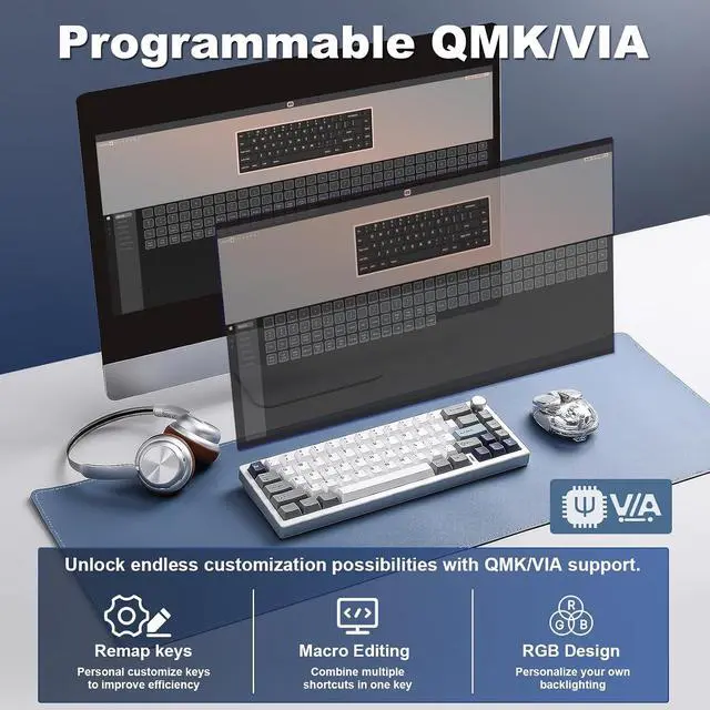 Alt view image 6 of 7 - YUNZII AL68 Aluminum Wireless Mechanical Keyboard(Silver,Cocoa Cream V2)