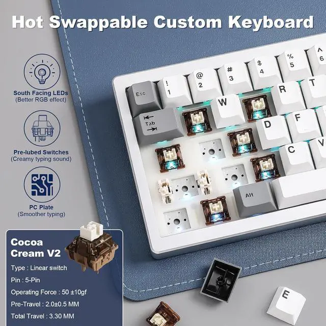 Alt view image 5 of 7 - YUNZII AL68 Aluminum Wireless Mechanical Keyboard(Silver,Cocoa Cream V2)