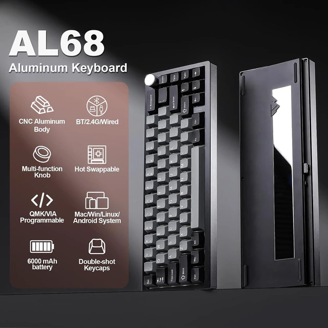 Alt view image 2 of 7 - YUNZII AL68 Wireless Aluminum Mechanical Keyboard (Black, Gateron Zero)