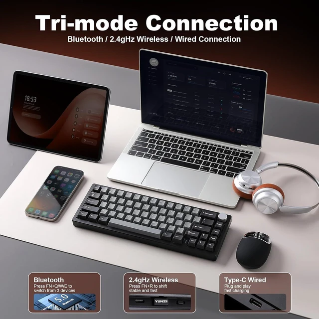 Alt view image 3 of 7 - YUNZII AL68 Wireless Aluminum Mechanical Keyboard (Black, Gateron Zero)