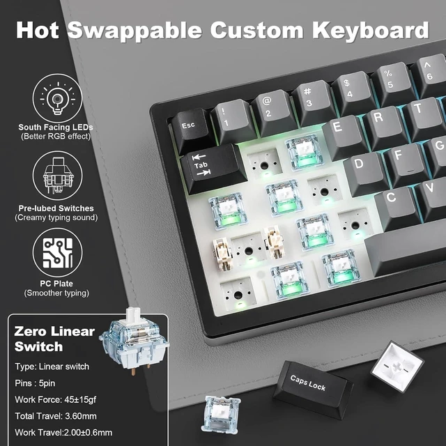 Alt view image 5 of 7 - YUNZII AL68 Wireless Aluminum Mechanical Keyboard (Black, Gateron Zero)