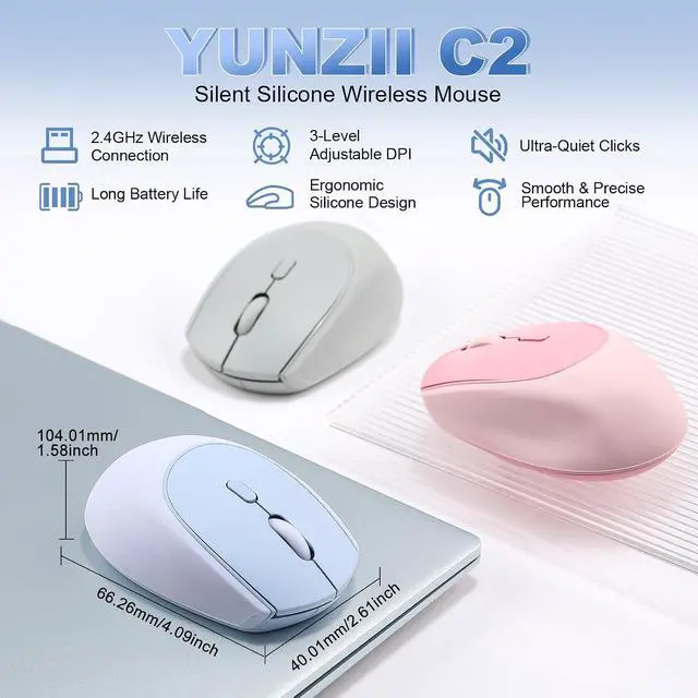 Alt view image 2 of 7 - YUNZII C2 Silicone Wireless Mouse 1600 DPI Optical 2.4GHz (Blue)