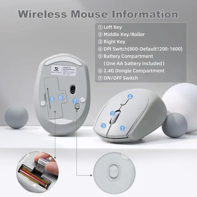 Alt view image 7 of 7 - YUNZII C2 Silicone Wireless Mouse 1600 DPI Optical 2.4GHz (Gray)