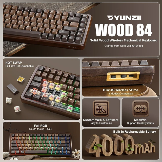 Alt view image 2 of 7 - WOOD84 75% Wireless RGB Mechanical Gaming Keyboard(Wood, Candy)